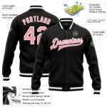 Personalized Black Pink-White Bomber Varsity Letterman Jacket Medium Personalized Black Medium Pink-White Bomber Full-Snap