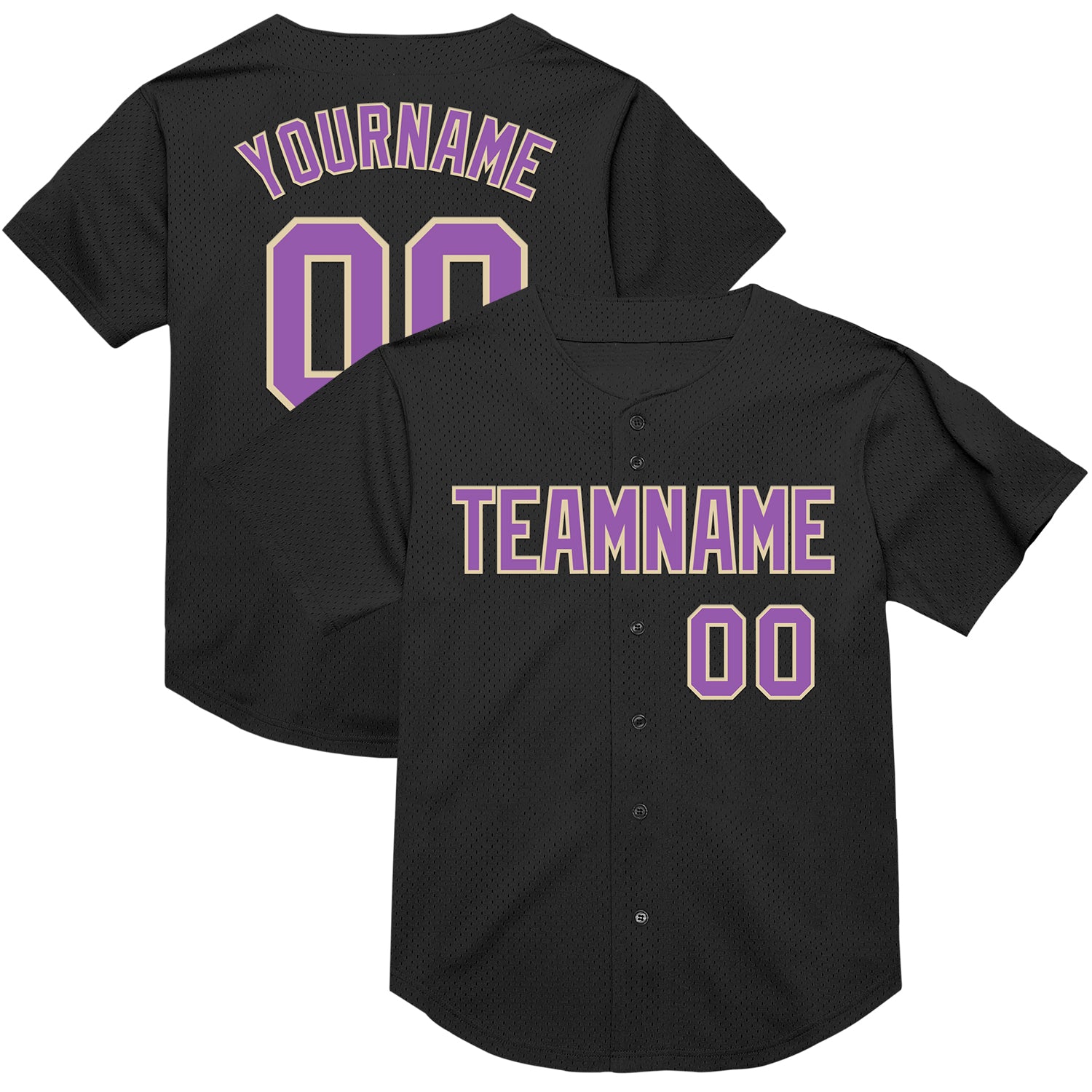 Personalized Black Medium Baseball Jersey with Purple-Cream Mesh Throwback Design Personalized Black Medium Purple-Cream