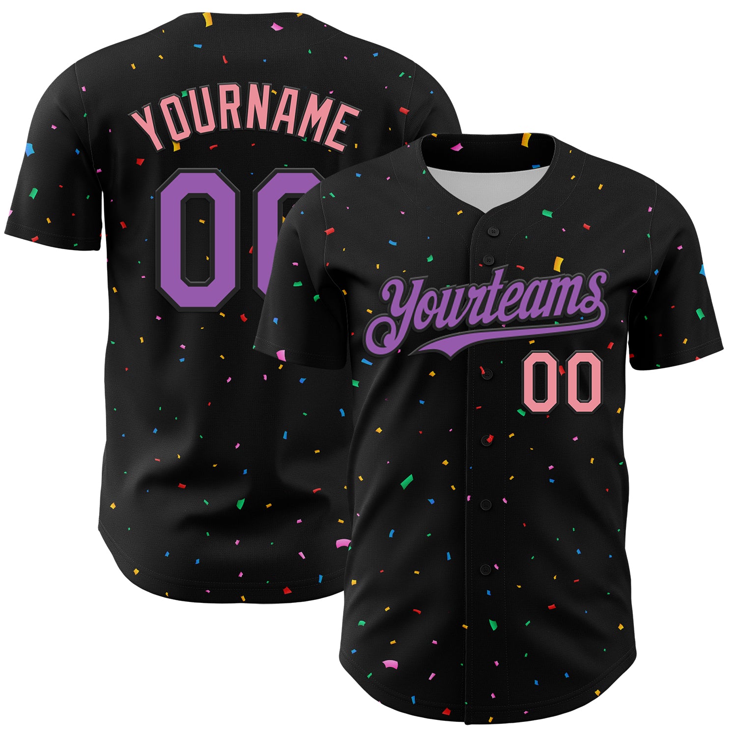 Personalized Black 3D Confetti Baseball Jersey in Purple and Medium Pink - Custom Apparel for Sports Fanatics Personalized