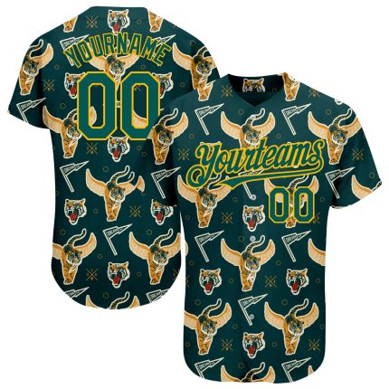 3D Tiger Baseball Jersey - Personalized Black and Midnight Green-Gold Design Personalized Black Midnight Green-Gold 3D Tiger