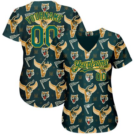 3D Tiger Baseball Jersey - Personalized Black and Midnight Green-Gold Design Personalized Black Midnight Green-Gold 3D Tiger