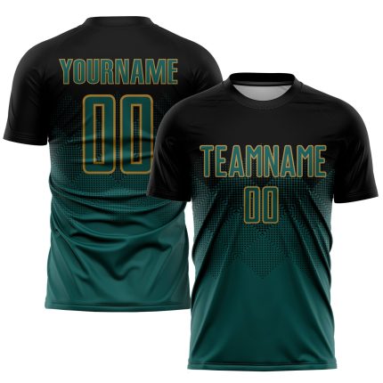 Custom Soccer Jersey - Black Midnight Green & Old Gold Sublimation Design Personalized Black Midnight Green-Old Gold Sublimation