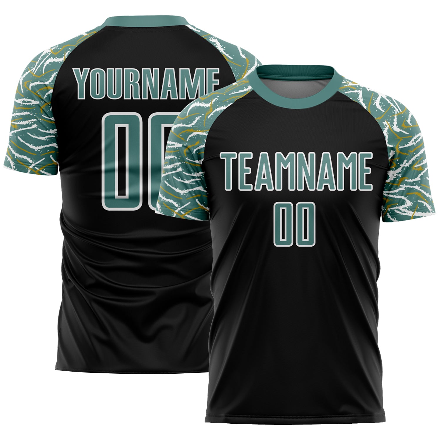 Personalized Black Midnight Green White Sublimation Soccer Jersey with Curved Wavy Lines Design Personalized Black Midnight