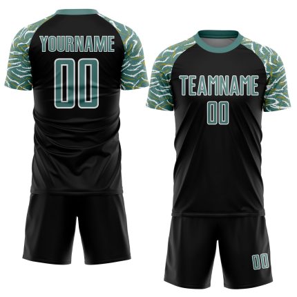 Custom Soccer Uniform Jersey with Personalized Name and Number - Black Midnight Green and White Curved Wavy Lines Design