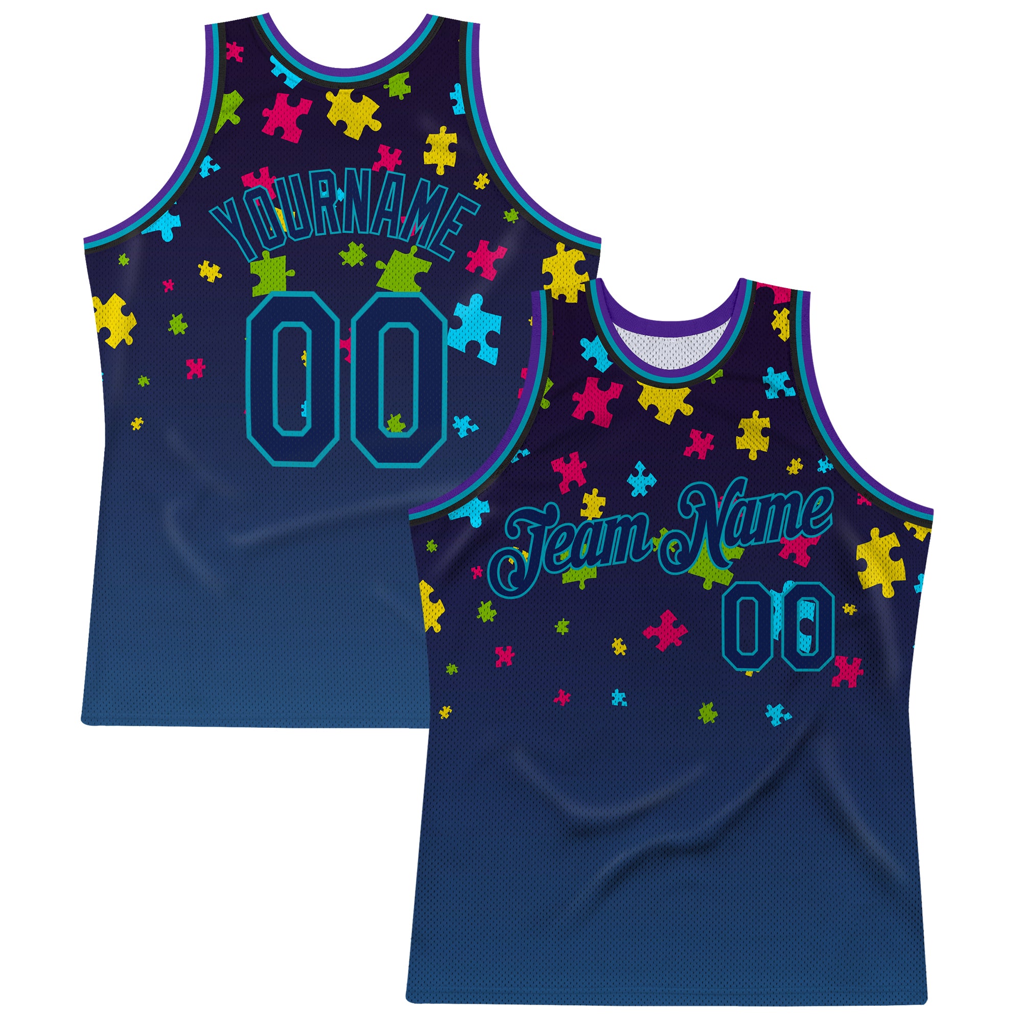 Personalized Autism Awareness Basketball Jersey - Black Navy Teal 3D Puzzle Pieces Personalized Black Navy-Teal 3D Autism
