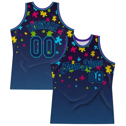 Custom Autism Awareness Basketball Jersey with 3D Puzzle Pieces Design - Personalized Black Navy-Teal with Name and Number