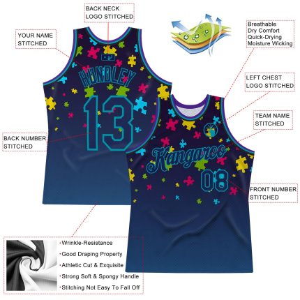 Custom Autism Awareness Basketball Jersey with 3D Puzzle Pieces Design - Personalized Black Navy-Teal with Name and Number