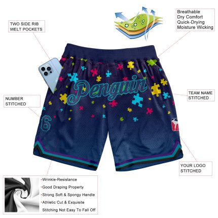 Autism Awareness Basketball Shorts Personalized Black Navy Teal 3D Puzzle Pieces Custom Name and Number Personalized Black