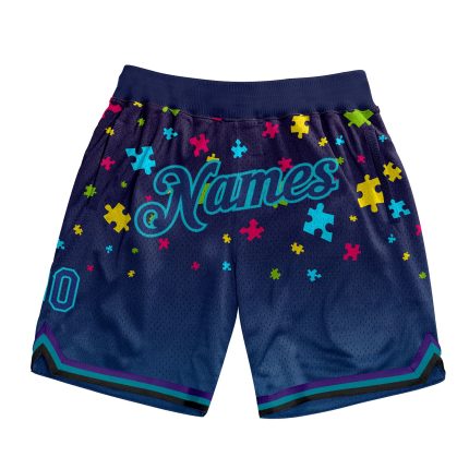 Autism Awareness Basketball Shorts Personalized Black Navy Teal 3D Puzzle Pieces Custom Name and Number Personalized Black