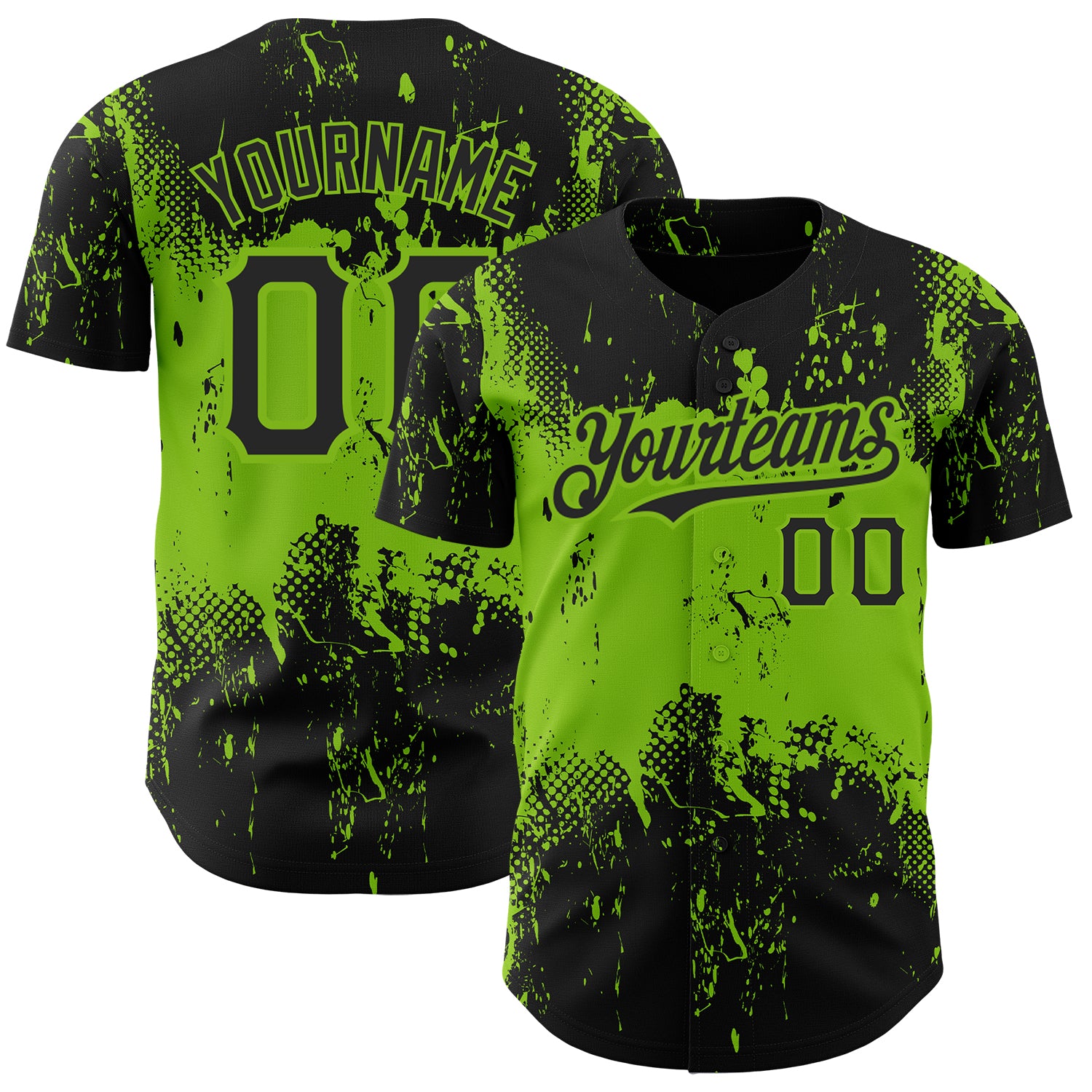 Personalized 3D Abstract Splatter Baseball Jersey in Black and Neon Green Grunge Design Personalized Black Neon Green 3D
