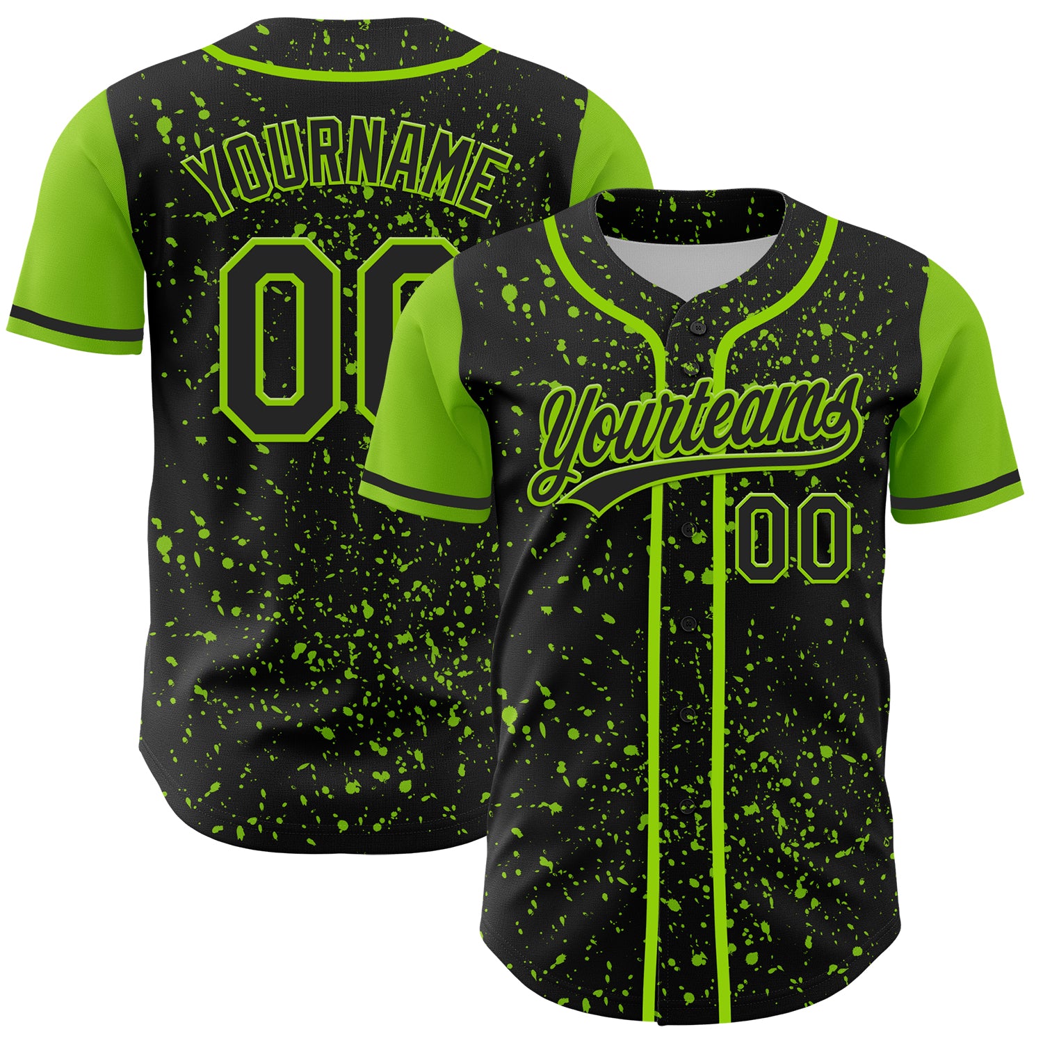Personalized Black Neon Green 3D Abstract Splatter Ink Design Baseball Jersey Personalized Black Neon Green 3D Abstract Splatter