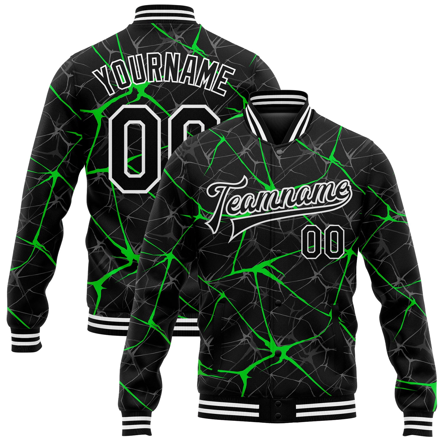 Personalized 3D Varsity Letterman Jacket in Black & Neon Green, Full-Snap Bomber Style Personalized Black Neon Green 3D Bomber