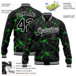 Personalized 3D Varsity Letterman Jacket in Black & Neon Green, Full-Snap Bomber Style Personalized Black Neon Green 3D Bomber
