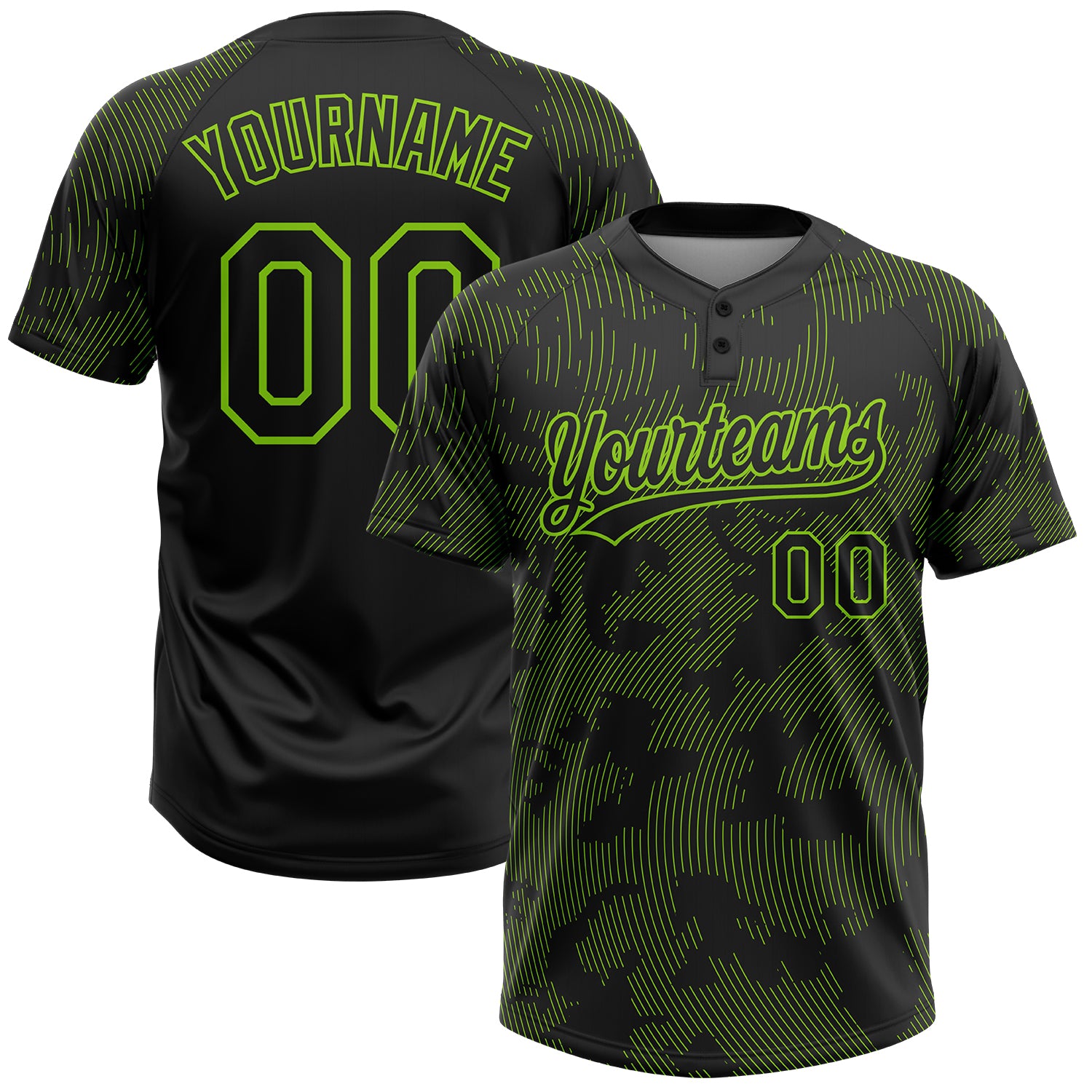 Personalized Neon Green Black 3D Curve Line Softball Jersey Unisex Two-Button Personalized Black Neon Green 3D Curve Lines