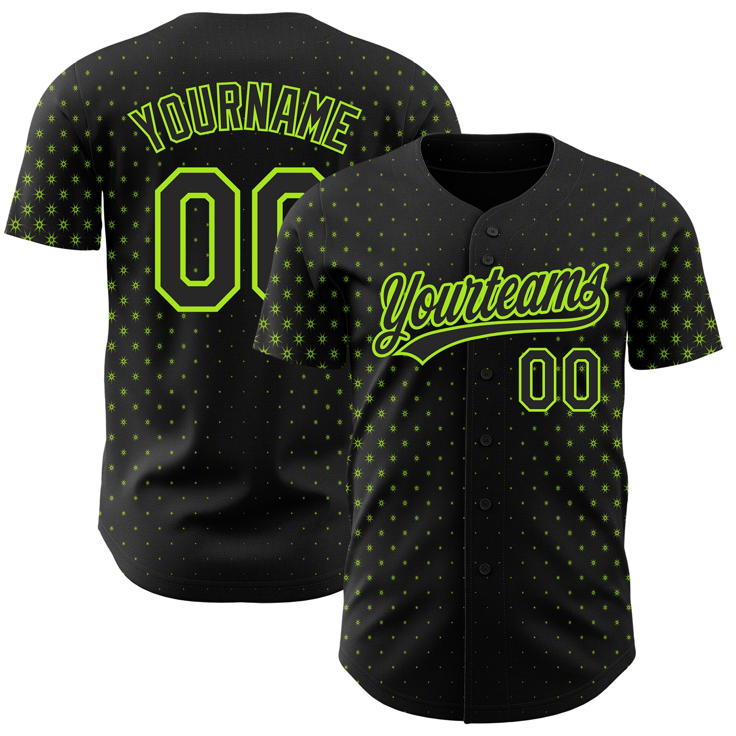 Personalized Black Neon Green 3D Baseball Jersey with Geometric Stars Design Personalized Black Neon Green 3D Geometric Stars