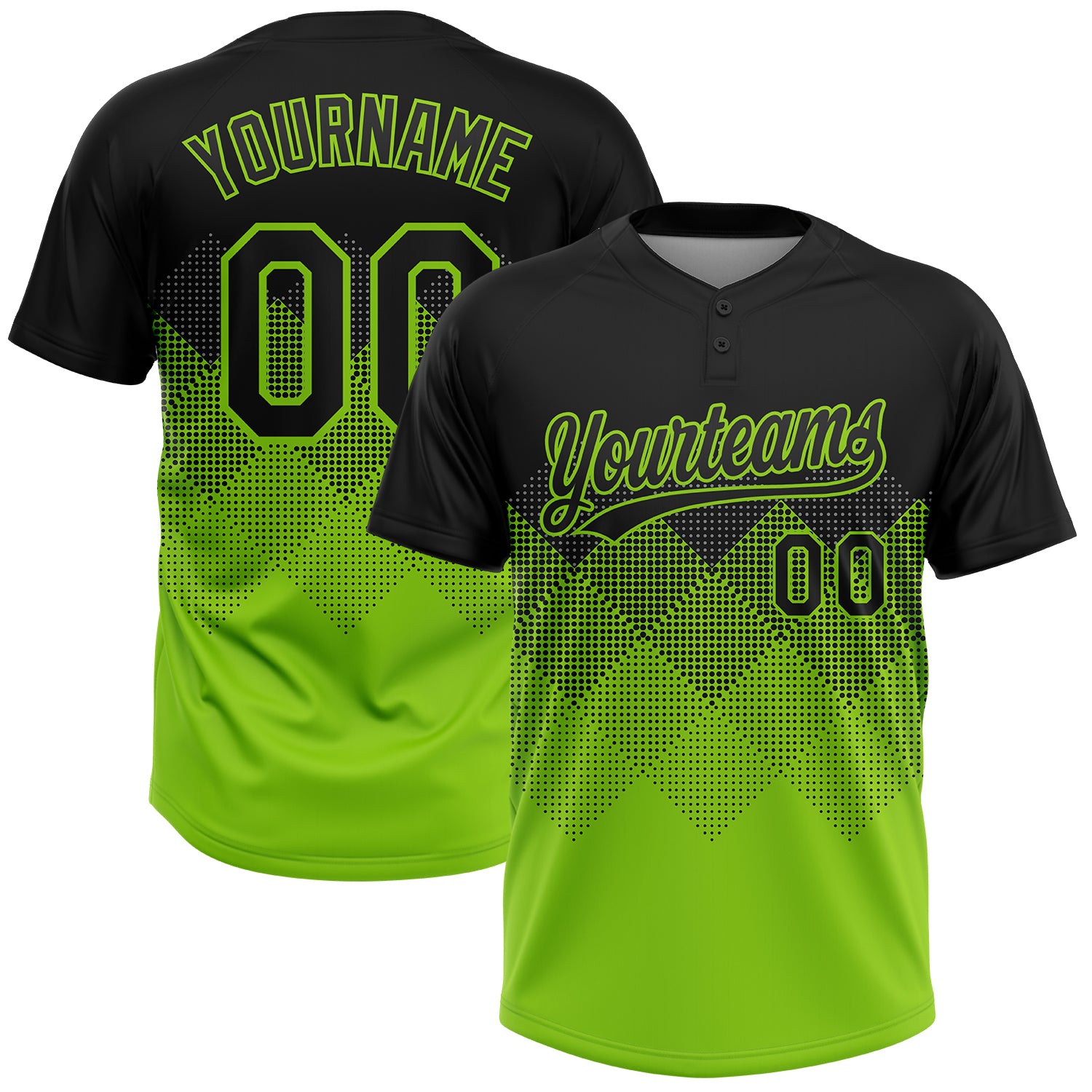Personalized Black Neon Green 3D Gradient Softball Jersey for Unisex - Two-Button Design Personalized Black Neon Green 3D