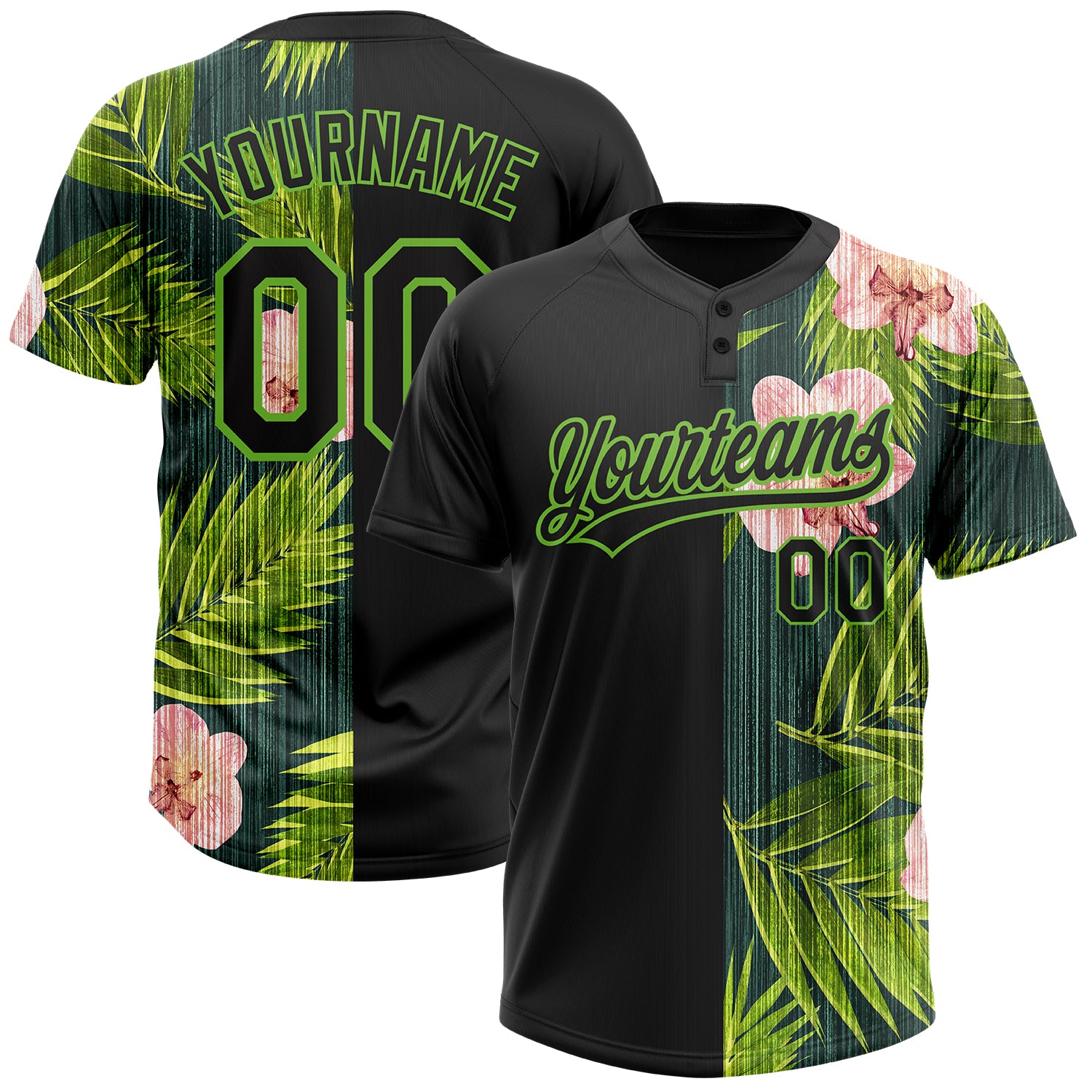 Personalized Neon Green 3D Hawaii Tropical Palm Leaves Orchids Two-Button Unisex Softball Jersey Personalized Black Neon