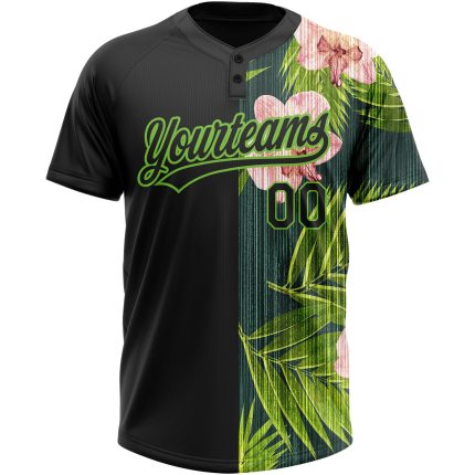 Personalized Neon Green 3D Hawaii Tropical Palm Leaves Orchids Two-Button Unisex Softball Jersey Personalized Black Neon