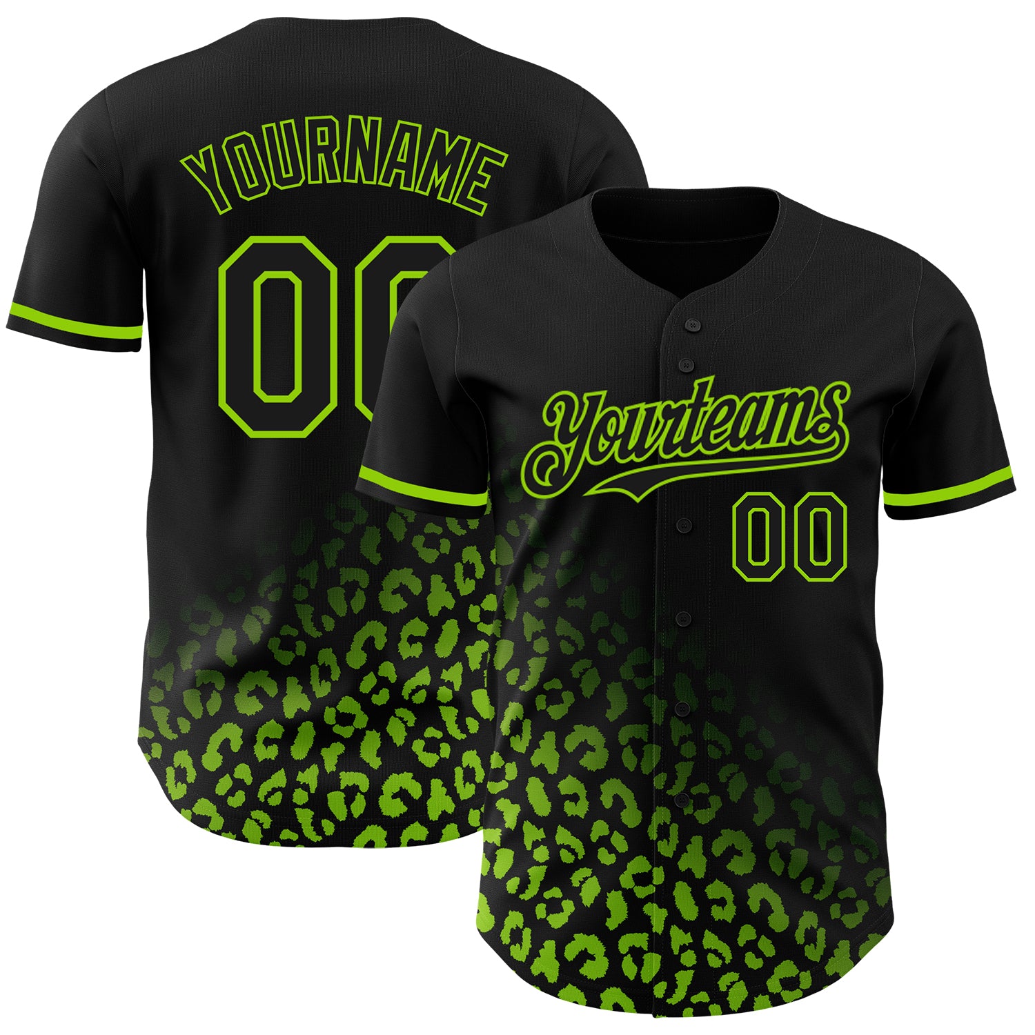 Personalized 3D Leopard Print Baseball Jersey - Black Neon Green Fade Fashion Personalized Black Neon Green 3D Leopard Print