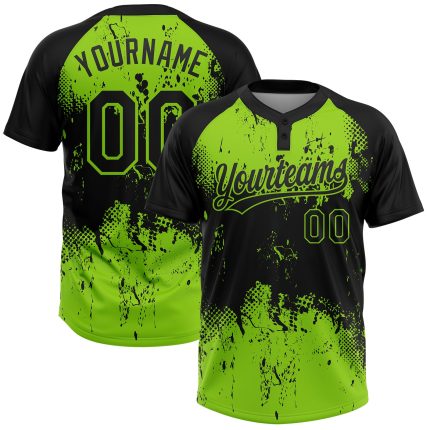 Custom Black Neon Green 3D Splatter Art Softball Jersey with Name & Number - Unisex Two-Button Design Personalized Black