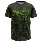 Custom Name & Number Unisex Softball Jersey - Personalized Black Neon Green 3D Curve Lines Design, Two-Button Style Personalized