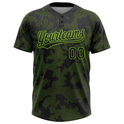 Custom Name & Number Unisex Softball Jersey - Personalized Black Neon Green 3D Curve Lines Design, Two-Button Style Personalized