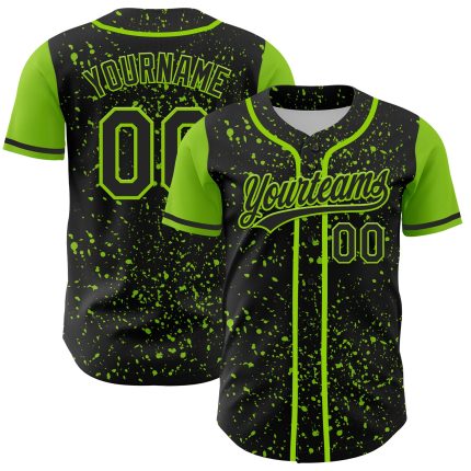 Custom 3D Splatter Ink Baseball Jersey - Personalized Black Neon Green Design with Team Name and Number Personalized Black
