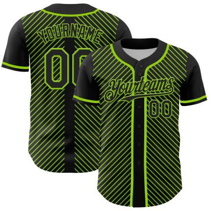 Personalized 3D Pattern Black and Neon Green Diagonal Stripes Baseball Jersey with Custom Name and Number Personalized Black