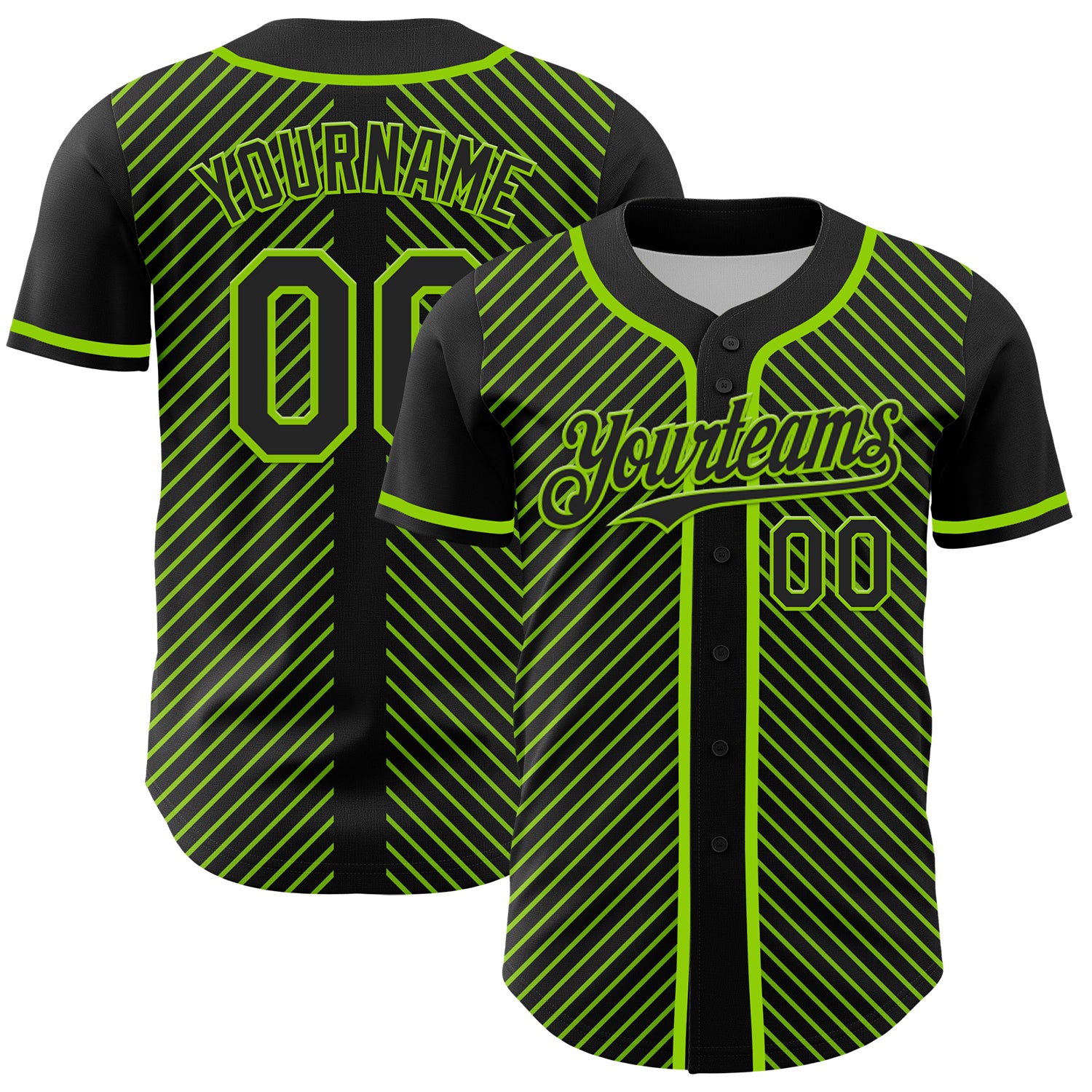 Personalized 3D Pattern Black and Neon Green Diagonal Stripes Baseball Jersey with Custom Name and Number Personalized Black