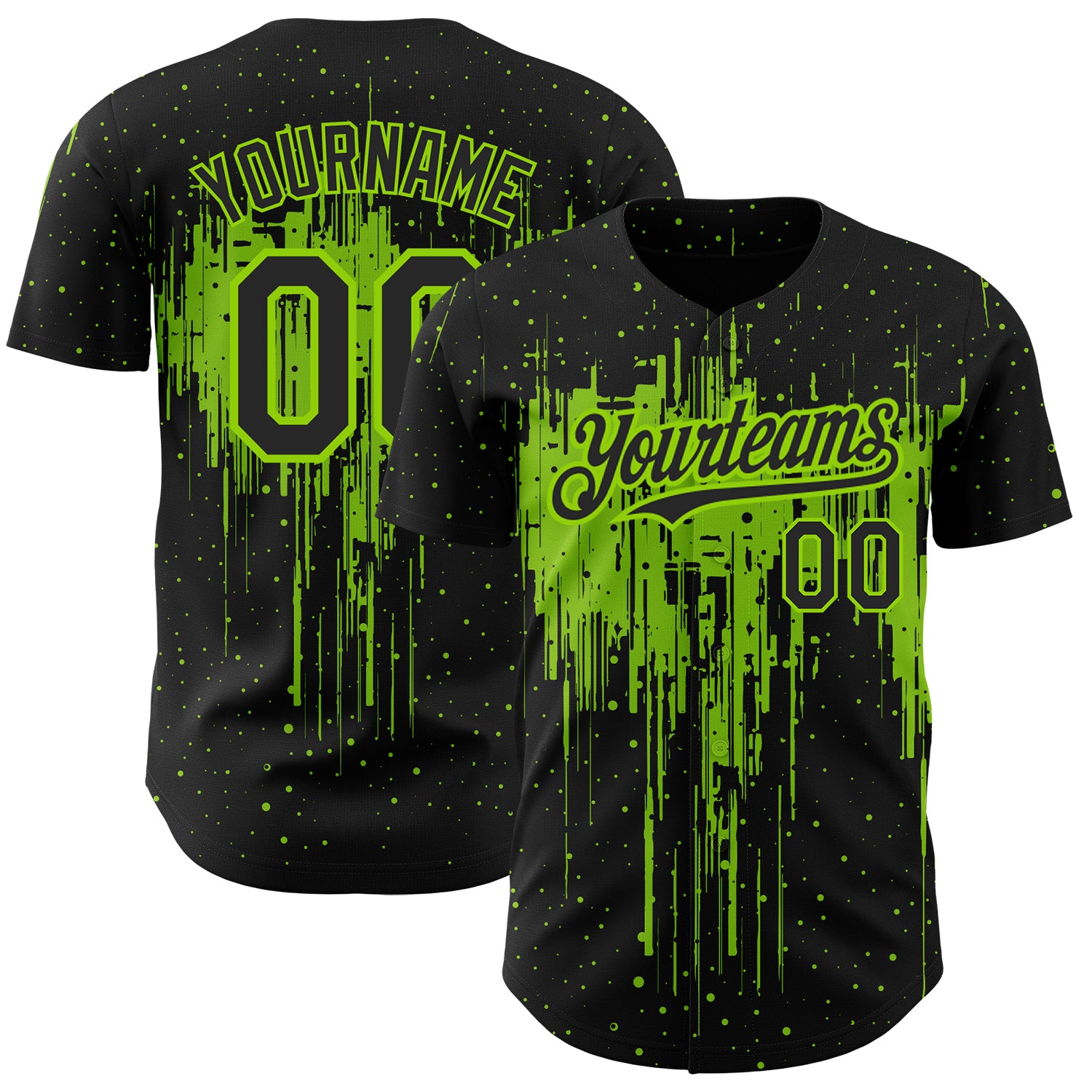 Personalized 3D Dripping Splatter Art Baseball Jersey in Black Neon Green - Custom Team Name and Number Personalized Black