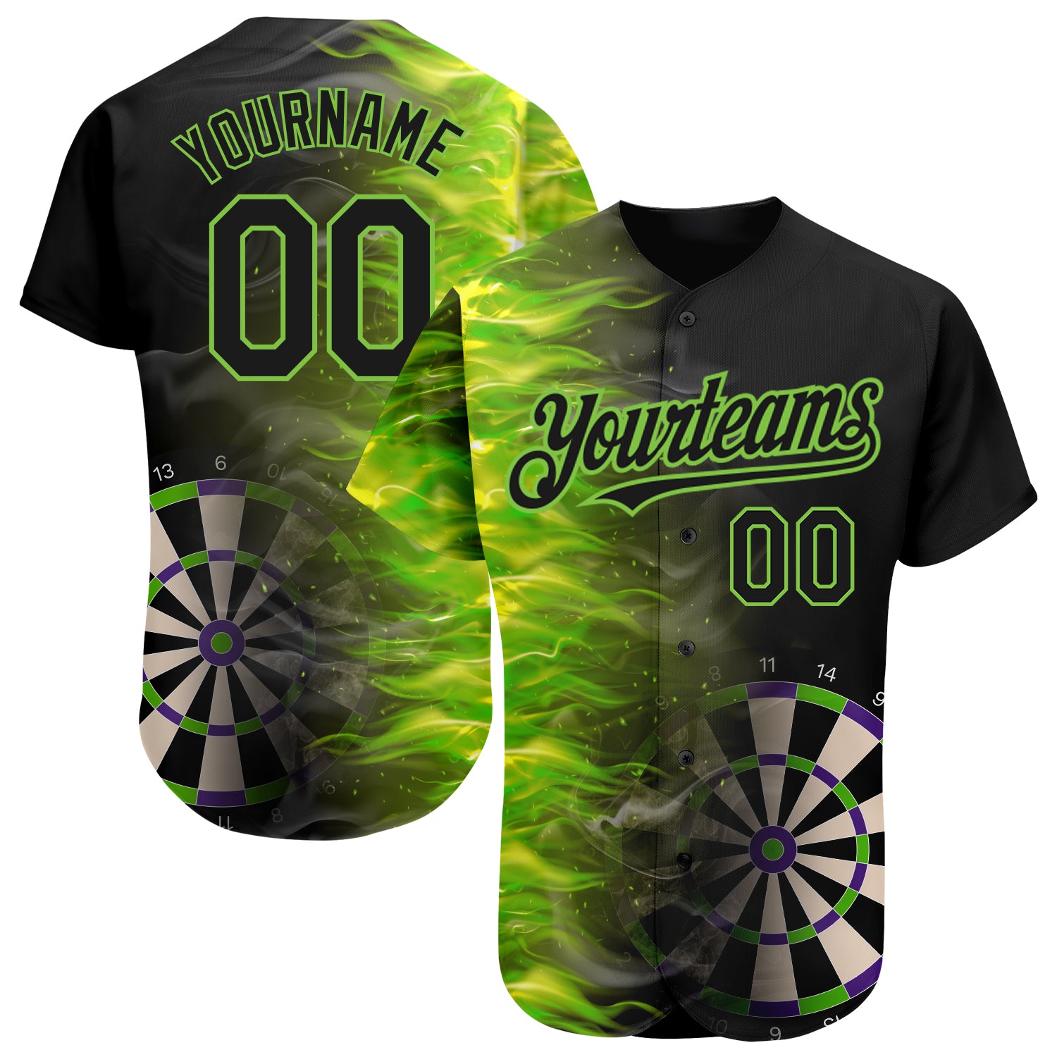 Custom Name and Number Personalized 3D Pattern Baseball Jersey - Black Neon Green Fiery Dart Board Design Personalized Black