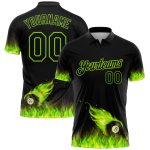 Custom Name and Number Personalized 3D Flame Billiards Polo Shirt - Black Neon Green Design Personalized Black Neon Green