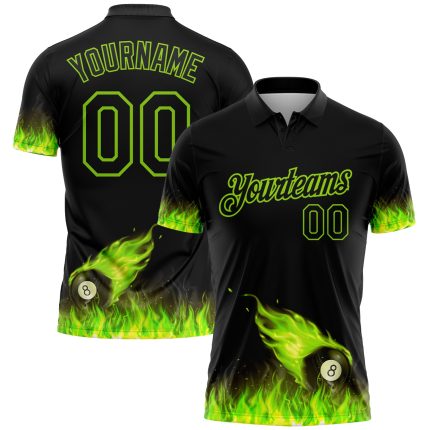 Custom Name and Number Personalized 3D Flame Billiards Polo Shirt - Black Neon Green Design Personalized Black Neon Green