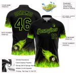 Custom Name and Number Personalized 3D Flame Billiards Polo Shirt - Black Neon Green Design Personalized Black Neon Green