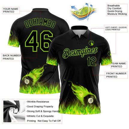 Custom Name and Number Personalized 3D Flame Billiards Polo Shirt - Black Neon Green Design Personalized Black Neon Green