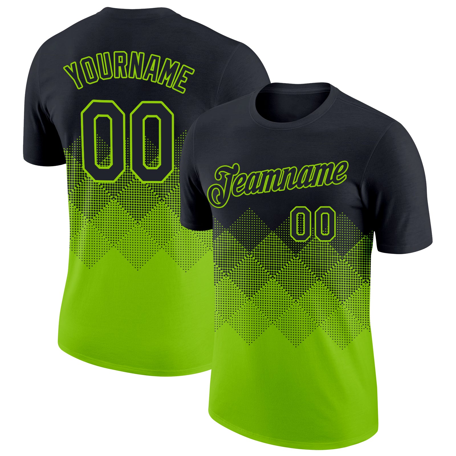 Custom Team Name and Number Performance T-Shirt - Personalized Black Neon Green 3D Gradient Square Shapes Design Personalized