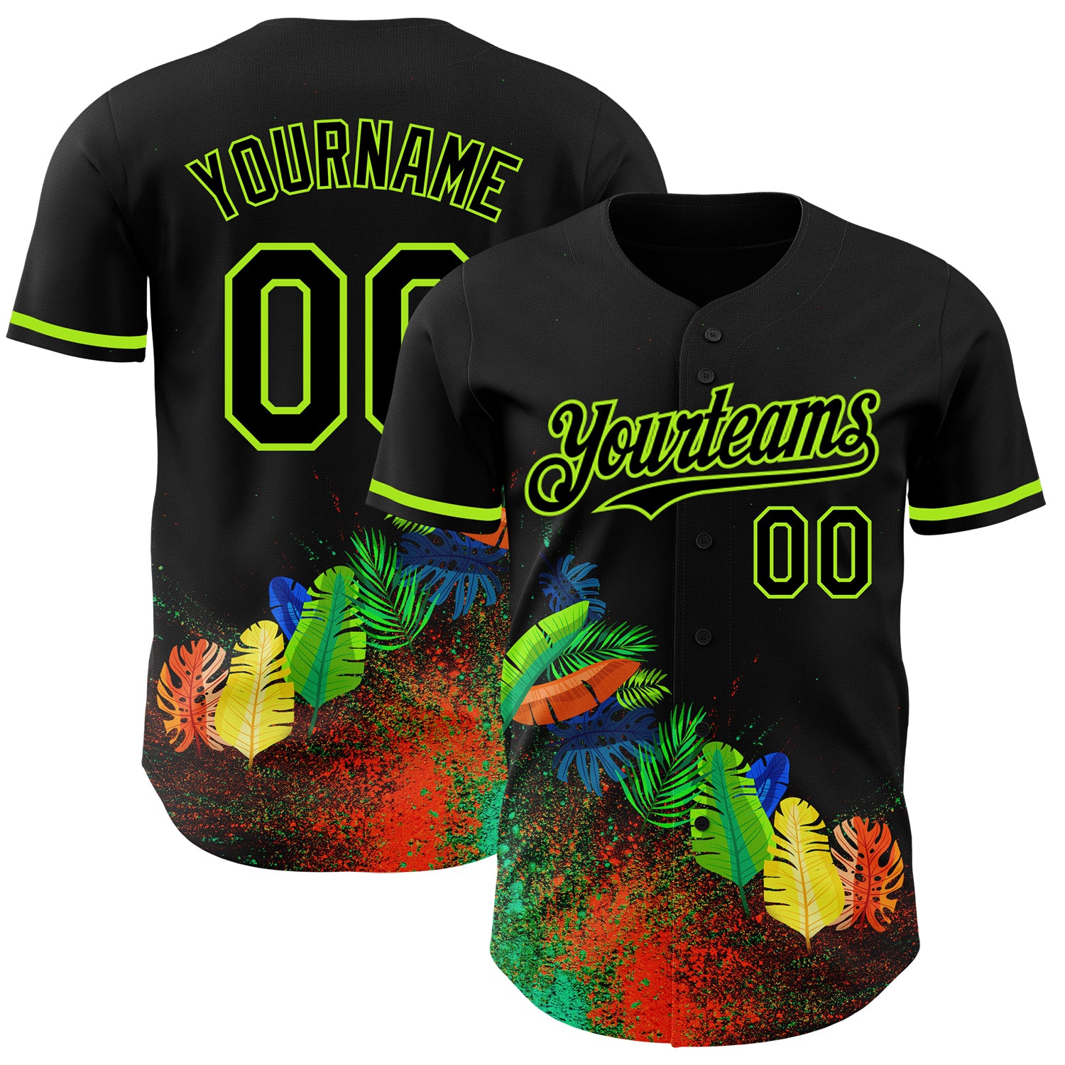 Personalized 3D Pattern Black Neon Green Holi Festival Color Powder Authentic Baseball Jersey Personalized Black Neon Green