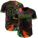 Custom Name and Number Baseball Jersey for Holi Festival - Personalized Black Neon Green 3D Pattern Design Personalized Black