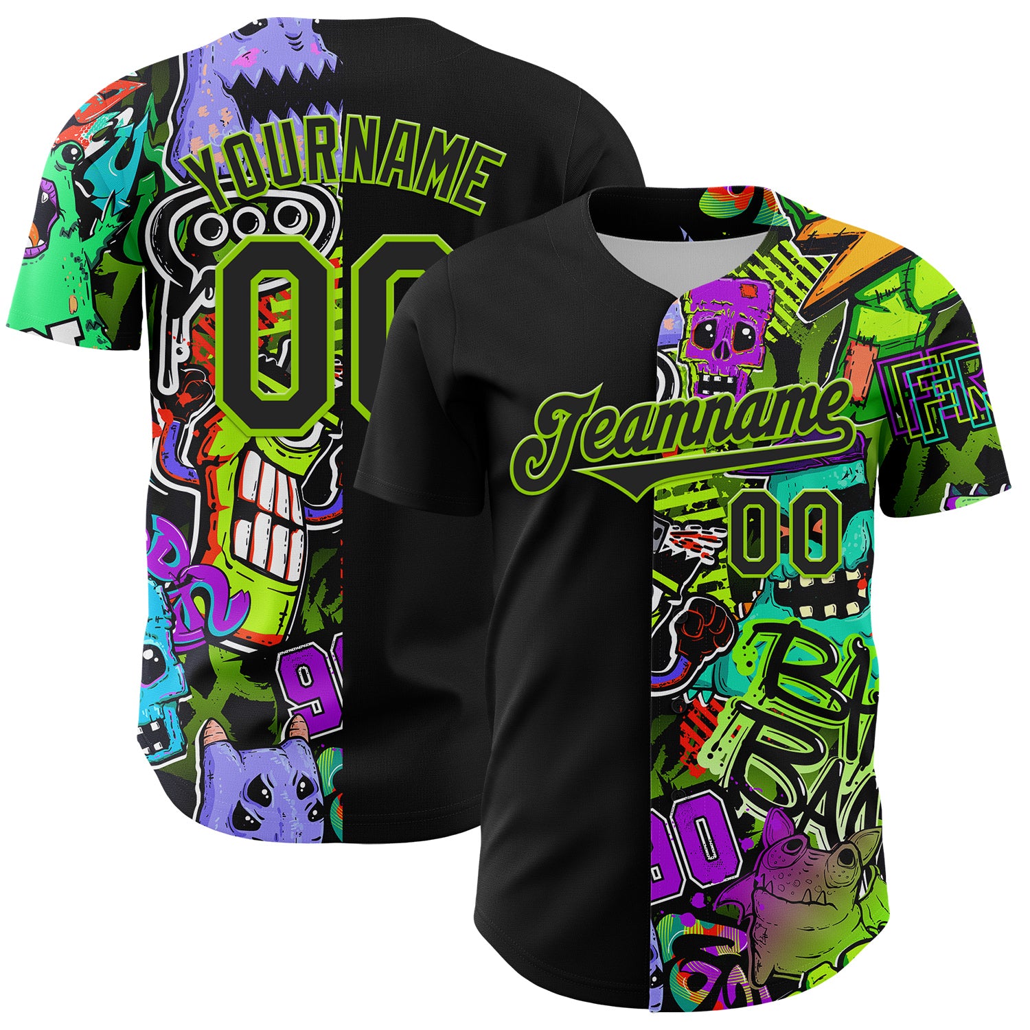 Custom Name Number 3D Pattern Rave Monster Baseball Jersey Black Neon Green Personalized Black Neon Green 3D Pattern Design