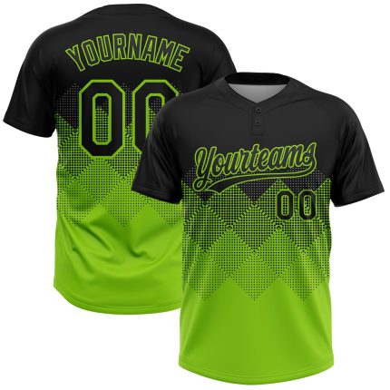 Custom Name and Number Personalized Unisex Softball Jersey, Black Neon Green 3D Gradient Square Shapes, Two-Button Design