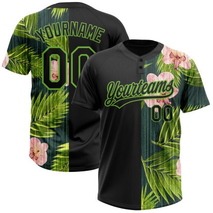 Custom Name Number Hawaii Tropical Palm Leaves Orchid Black Neon Green Unisex Softball Jersey 3D Pattern Two-Button Personalized