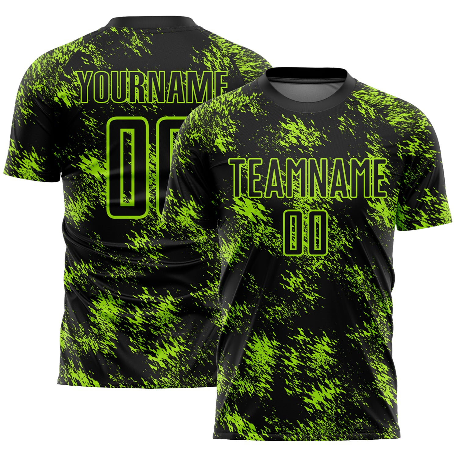 Custom Soccer Jersey with Personalized Name & Number, Black Neon Green Abstract Grunge Art Design Personalized Black Neon