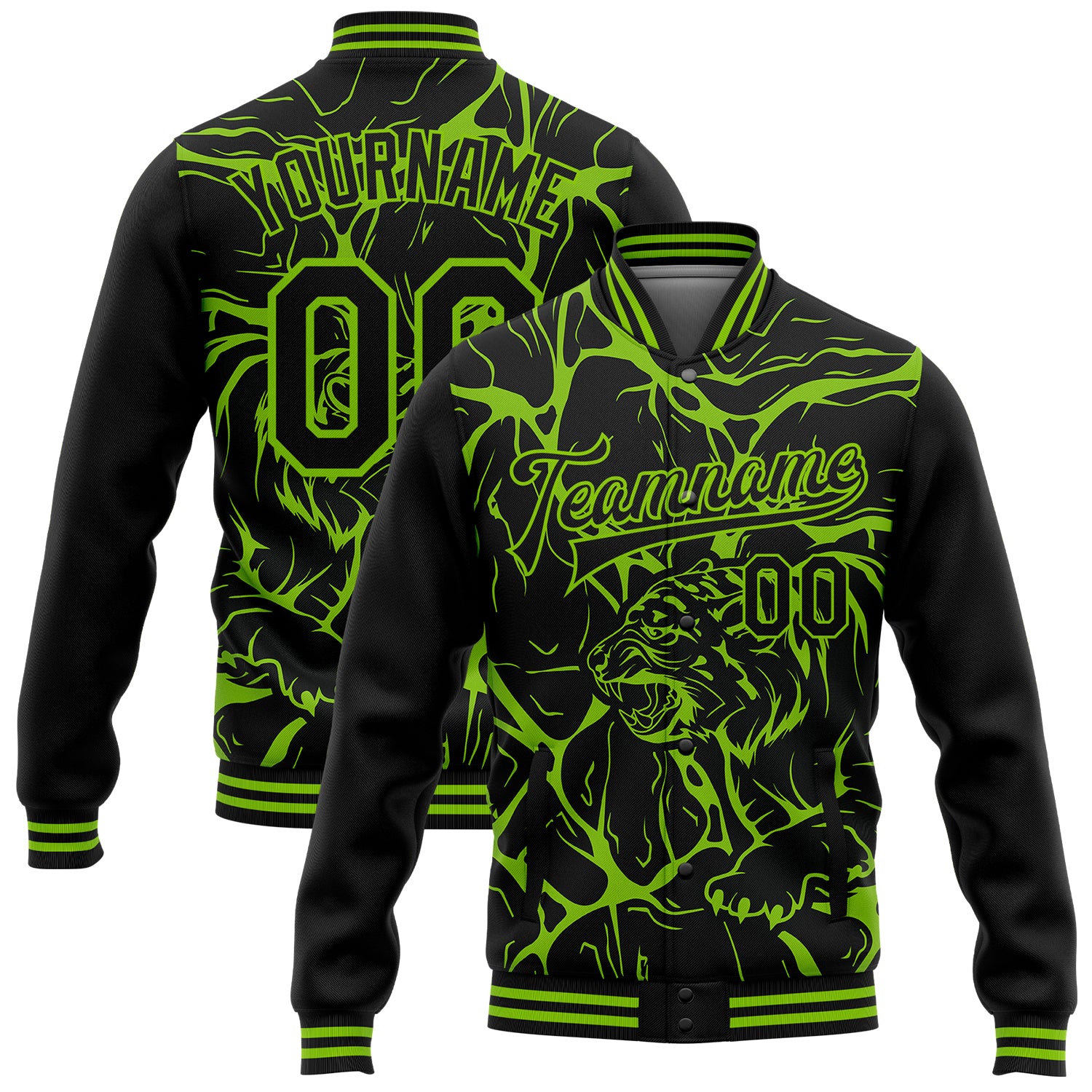 Personalized Neon Green Black Abstract Tiger Bomber Jacket - 3D Varsity Full-Snap Letterman Personalized Black Neon Green
