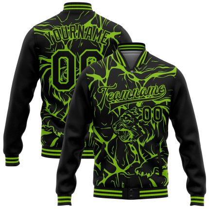 Custom Tiger 3D Pattern Varsity Letterman Jacket - Personalized Black Neon Green Bomber with Name & Number Personalized Black