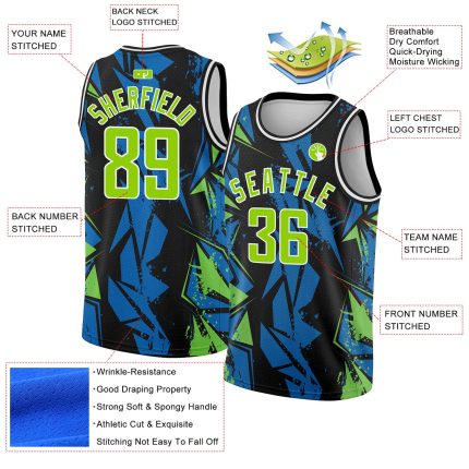 Custom Black Green-Blue Neon 3D Geometric Basketball Jersey for Men Personalized Black Neon Green-Blue 3D Geometric Shapes