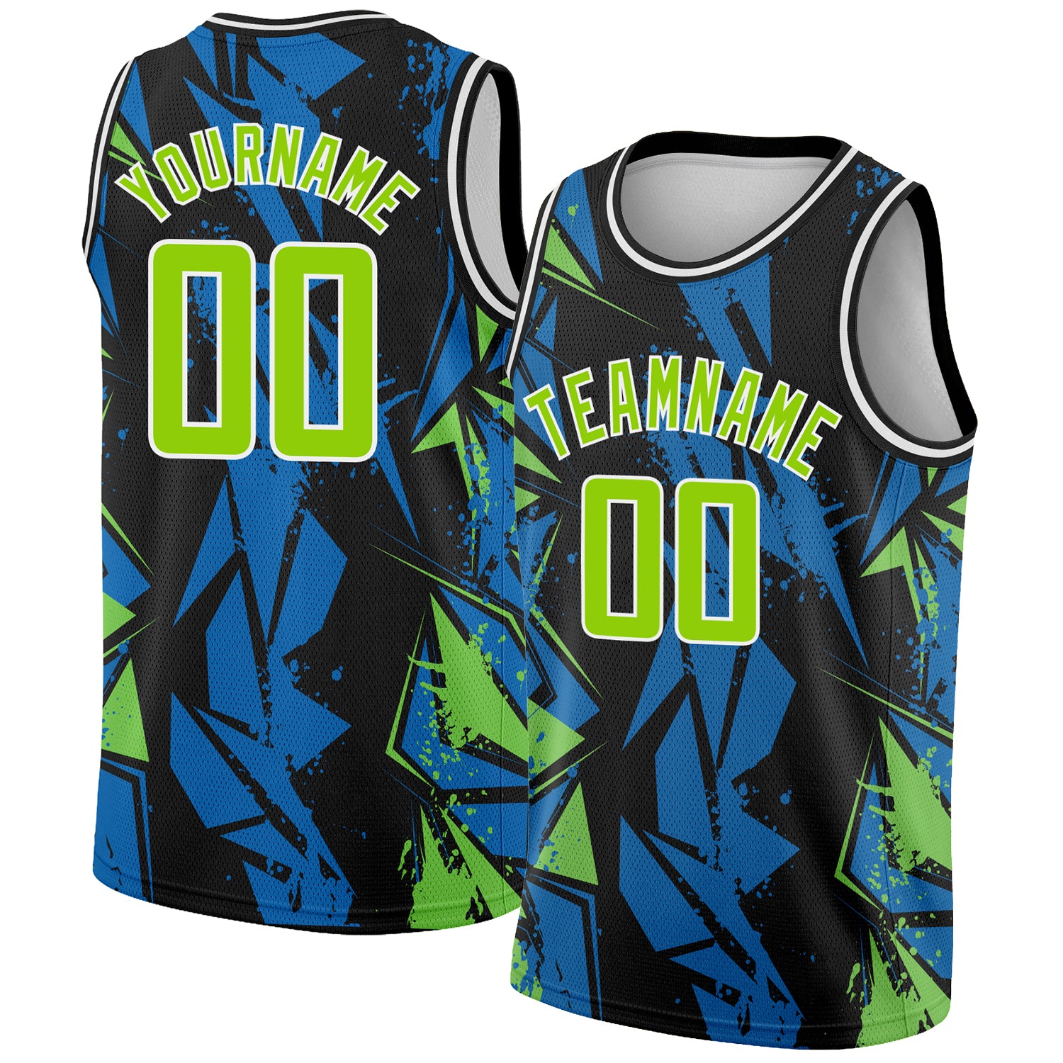 Custom Black Green-Blue Neon 3D Geometric Basketball Jersey for Men Personalized Black Neon Green-Blue 3D Geometric Shapes