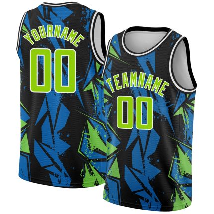 Custom 3D Geometric Basketball Jersey with Personalized Name and Number - Black Neon Green-Blue Design 9176 Personalized
