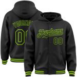 Custom Name and Number Varsity Letterman Hoodie Jacket - Personalized Black Neon Green Bomber Style Personalized Black Neon