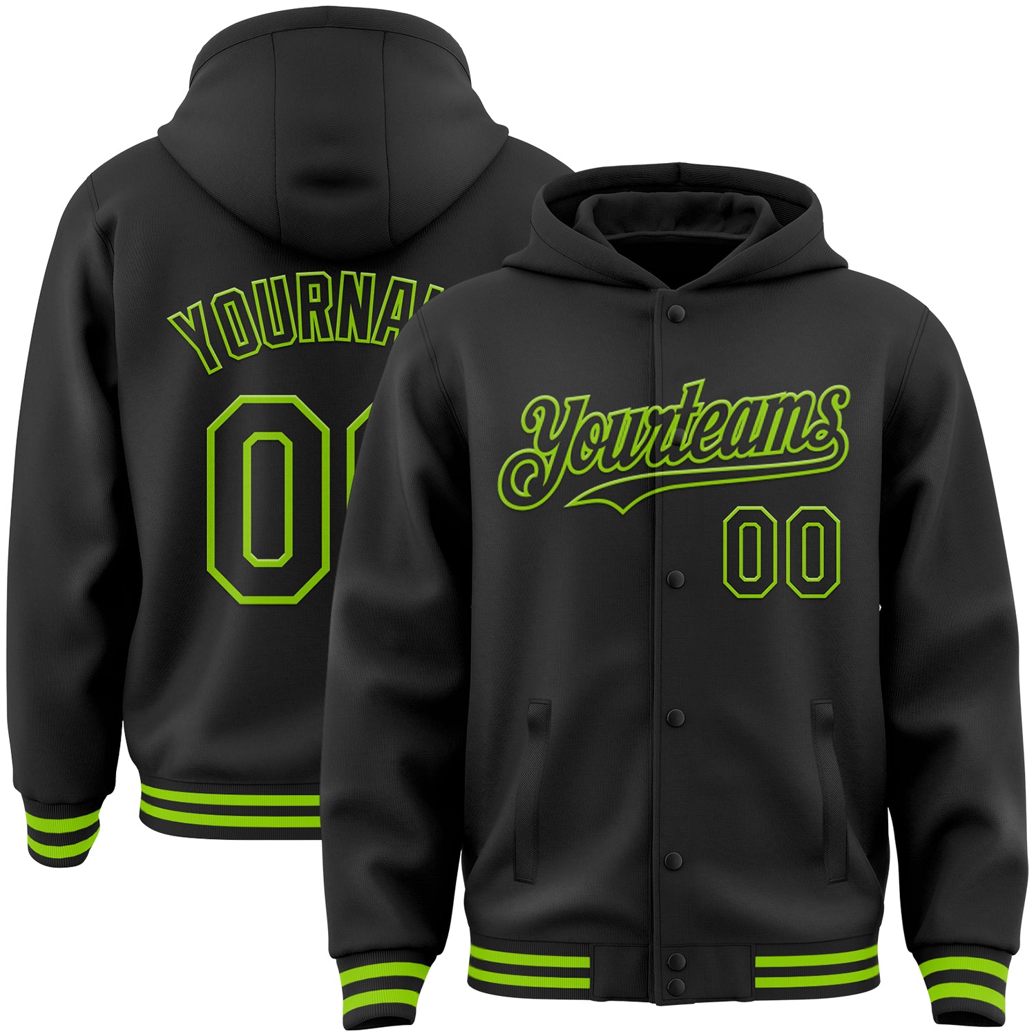 Custom Name and Number Varsity Letterman Hoodie Jacket - Personalized Black Neon Green Bomber Style Personalized Black Neon