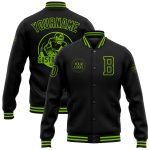 Custom Black Neon Green Varsity Letterman Bomber Jacket - Full-Snap Style Personalized Black Neon Green Bomber Full-Snap